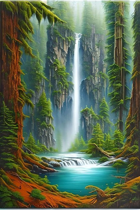 A Painting Of A Waterfall In The Middle Of A Forest With Lots Of Trees