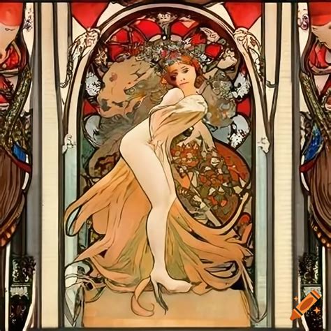 Alphonse Mucha Inspired Artwork Of Two Angels With Large Wings Sitting