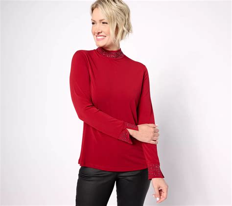 As Is Susan Graver Occasion Liquid Knit Embellished Mock Neck Top