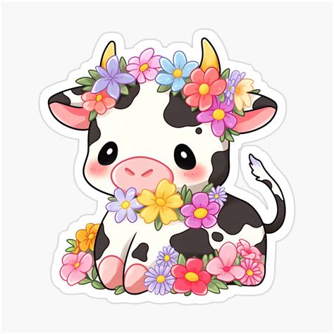 Cute Kawaii Cow Sitting In Summer Flowers By Cozykawaiiart Redbubble