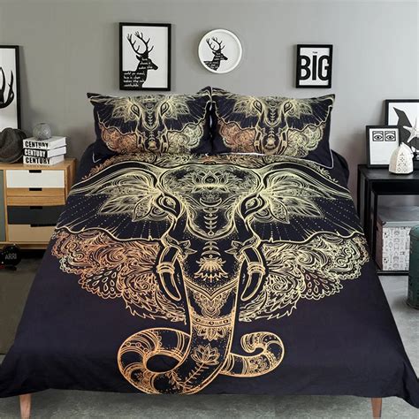 Bedding Set Tribal Elephant Bedding Set Boho Mandala Golden Design Ethnic Indian God Ganesha