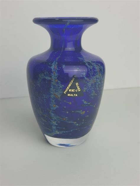 Signed Phoenician Malta Glass Vase Blue Glass Vase Etsy