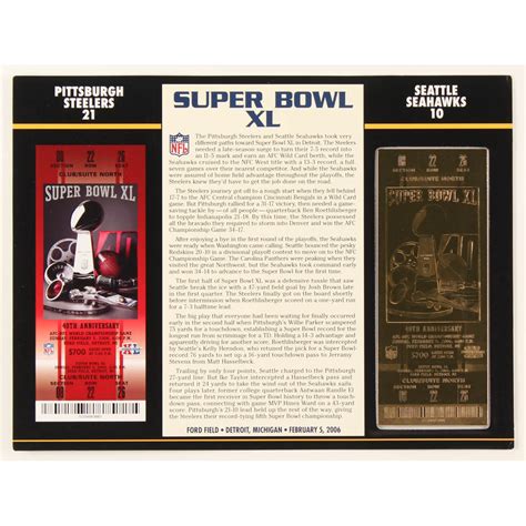 Super Bowl Xl Commemorative Score Card With Kt Gold Ticket Pristine