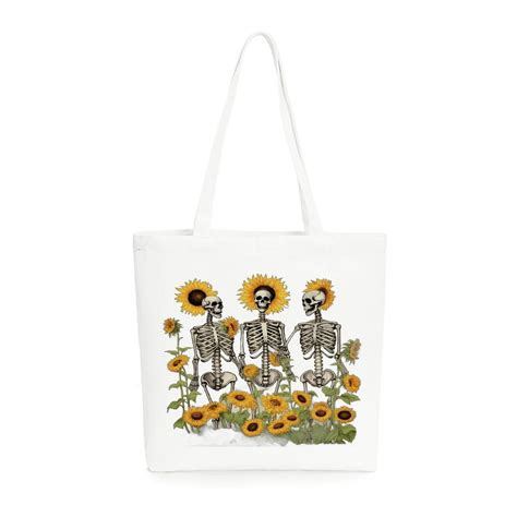 Comio Skull Sunflowers Canvas Tote Bag For Women Aesthetic Funny Floral