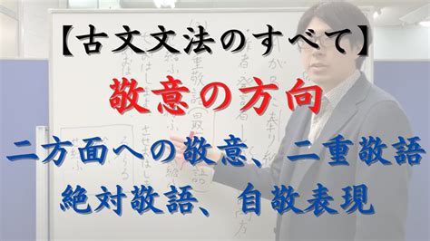 敬意の方向（誰から誰への敬意を表すか）の解説（二方面への敬意、二重敬語（最高敬語）、絶対敬語、自敬表現についても解説しています）【古文文法の