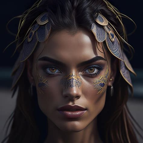 Premium Photo A Woman With A Gold Feather On Her Face And A Blue