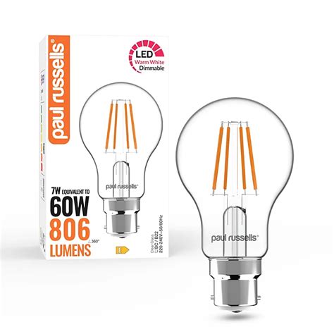 Paul Russells Led Filament Dimmable Gls Bulb Bc B22 7w 806 Lumens 60w Equivalent 2700k Warm