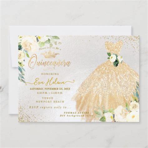 Quincea Era Gold Glitters Gown Cream Roses Cream Roses Invitations