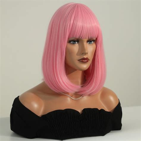 Pink Bob Wigs With Bangs For Women Short Colored Straight Synthetic