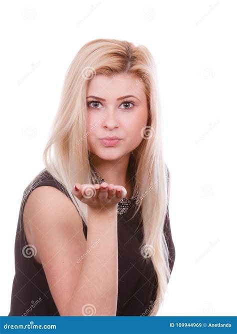Blonde Woman Sending Air Kiss On Palm Hand Stock Image Image Of