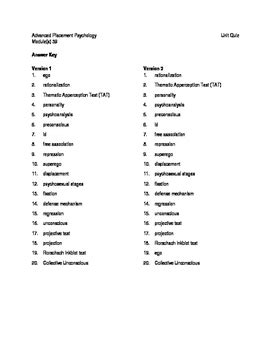 Ap Psychology Unit Quiz On Personality With Answer Keys Tpt