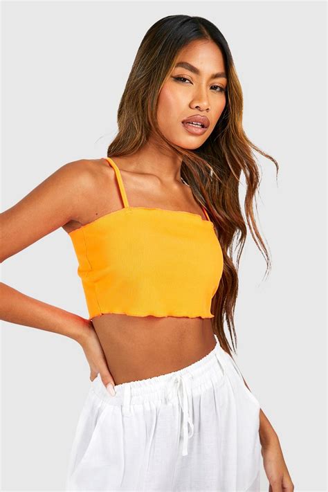 Orange Rib Lettuce Hem Strappy Crop Top Boohoo Uk