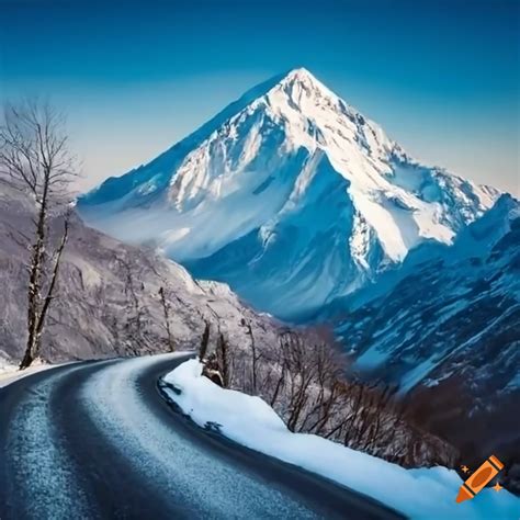 Snow Capped Mountain Peak With A Winding Mountain Road On Craiyon