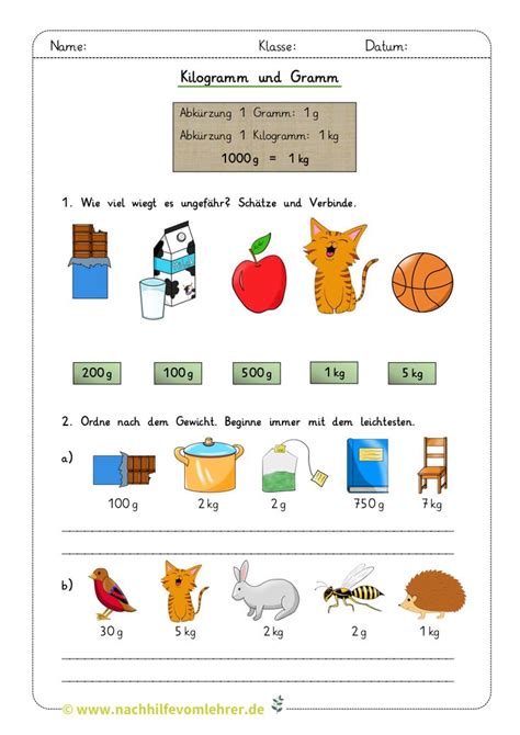 Arbeitsblatt Mathe Gramm Und Kilogramm Klasse 3 Kostenlos Mathespiele