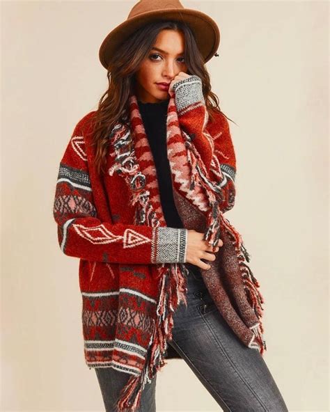 Bohemian Winter Fringe Detail Knit Retro Cardigan In Cinnamon Retro