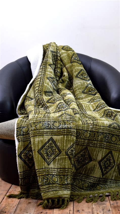 Kilim Olive Green Throw Blanket Cool And Warm Fur Back Etsy