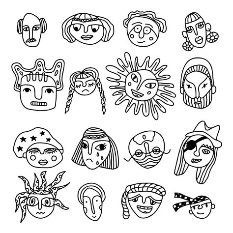 unreal faces in Ink hand drawn style set. Surreal people man and woman faces. modern abstract ...