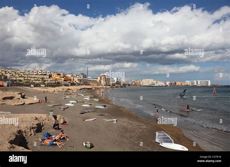 Surfers On The Beach Of El Medano Canary Island Tenerife Spain Stock