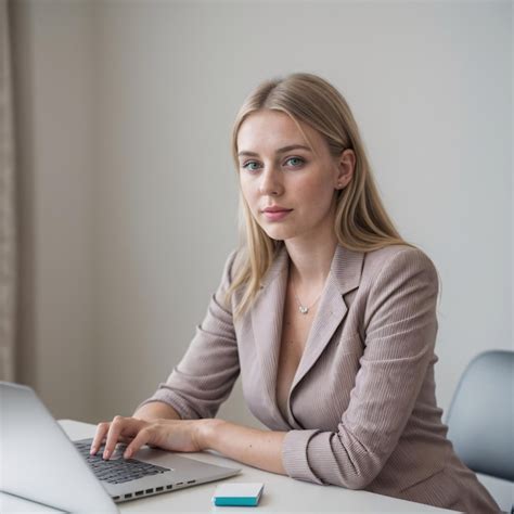 Premium Photo A Woman Sits At A Desk With A Laptop And A Pen In Her Hand