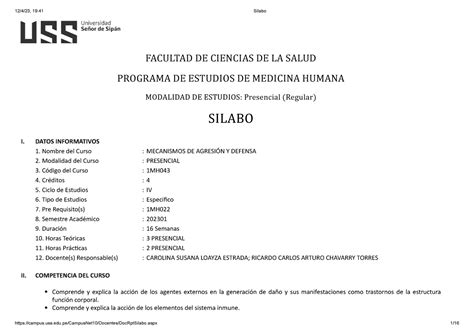 Sílabo 2023 1 Mecanismo De Agresión Y Defensa Uss Facultad De