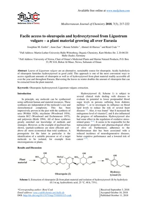 PDF Facile Access To Oleuropein And Hydroxytyrosol From Ligustrum