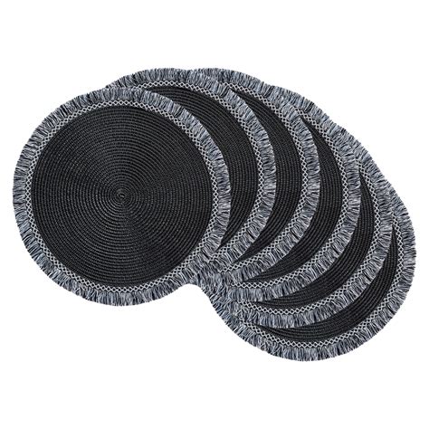 Dii Black Round Fringed Placemat Set6