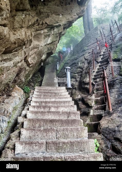 Huashan Mountain Stairs Up View With Mist And Fog Xian Shaaxi