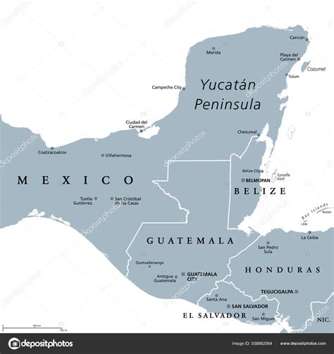 Península Yucatn Mapa Político Gris Peninsula Southeastern Mexico ...