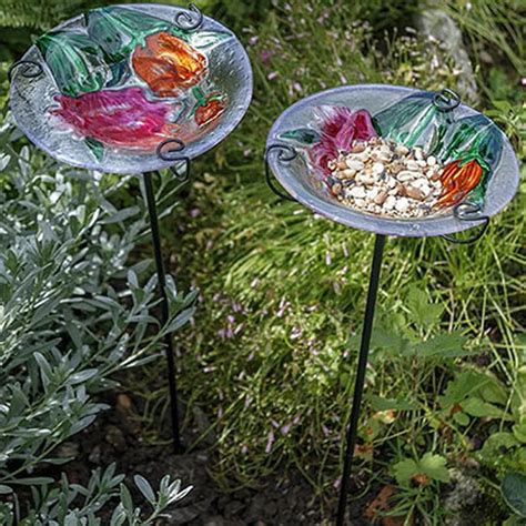 Tulip Fields Glass Birdbathbirdfeeder Stake Set Of 2