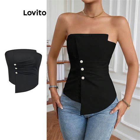 Lovito Casual Blusa Feminina Lisa Assimétrica Botão L73AD093