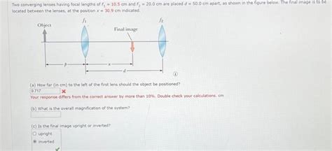 Solved Two Converging Lenses Having Focal Lengths Of F1 10 5 Chegg