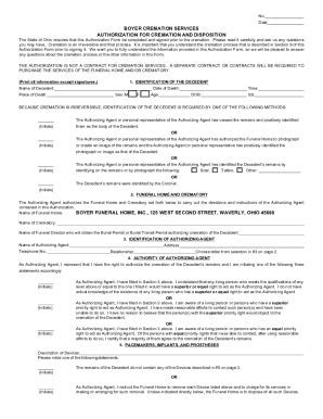 Fillable Online Authorization For Cremation And Disposition State Of