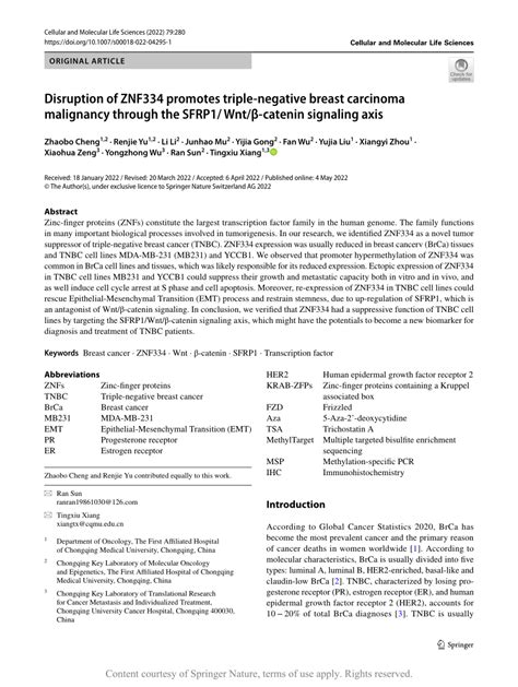 Disruption Of Znf Promotes Triple Negative Breast Carcinoma