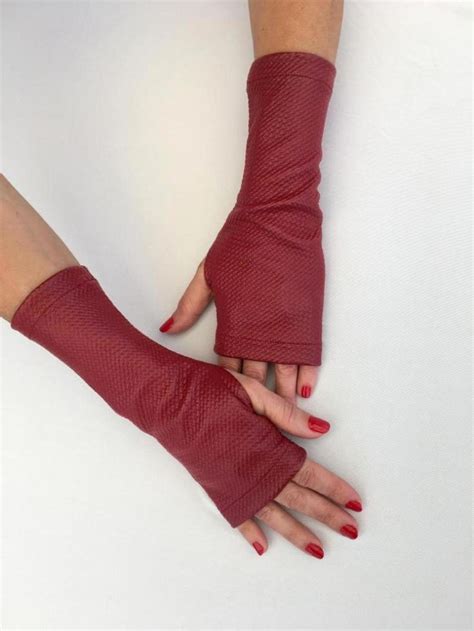 Red Burgundy Elastic Faux Leather Fingerless Gloves For Women Etsy