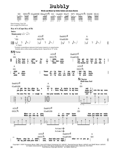 Bubbly By Colbie Caillat Sheet Music For Guitar Cheat Sheet At Sheet Music Direct