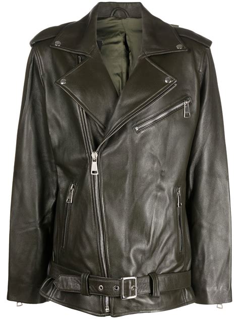 Manokhi Leather Biker Jacket In Green Modesens