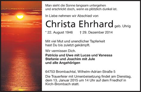 Traueranzeigen Von Christa Ehrhard Vrm Trauer De