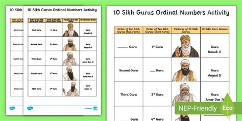 10 Sikh Gurus Ordinal Numbers Activity Sheet