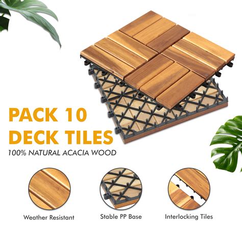 Acacia Wood Deck Tiles 12 X12 Mosaic Interlocking Flooring 10pcs Outdoor Use