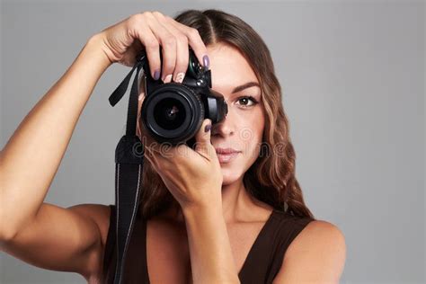 Beautiful Girl With Camera Pretty Woman Is A Professional Photographer