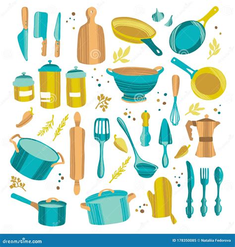 Set Of Kitchenware And Utensils Hand Drawn Vector Illustrations Stock Vector Illustration Of