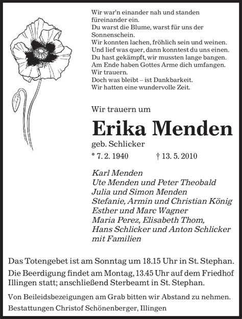 Traueranzeigen Von Erika Menden Saarbruecker Zeitung Trauer De