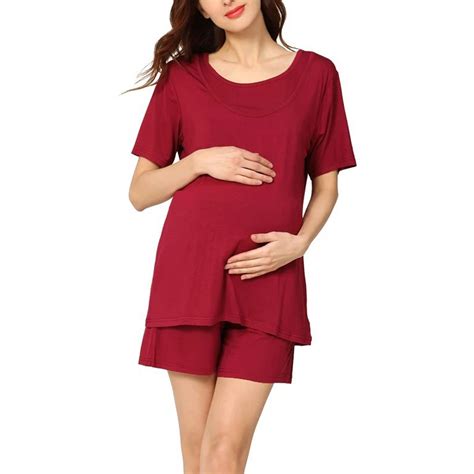 Mhoxuto Womens Nursing Pajama Set Maternity Breastfeeding Sleepwear Plain Double Layer Short