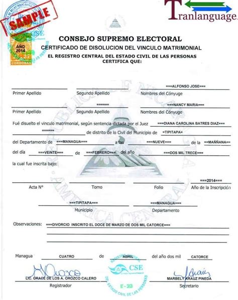 Divorce Certificate Nicaragua I Tranlanguage Certified Translations