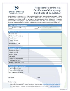 Fillable Online Request For Commercial Certificate Of Occupancy