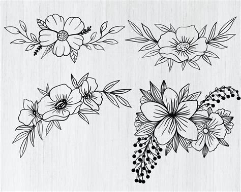 Flower Svg Bundle Hand Draw Floral Svg Floral Svg Line Drawing Svg