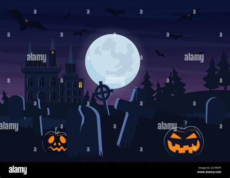 Halloween Spooky Graveyard Flat Vector Background Scary Haunted House At Night Cartoon