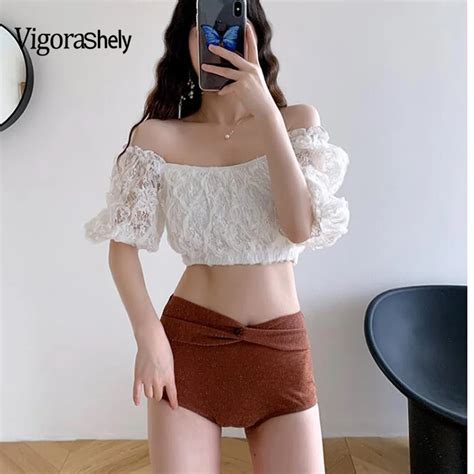 Vigorshely Sexy Lace Puff Short Sleeve Bikini Set Off Shoulder