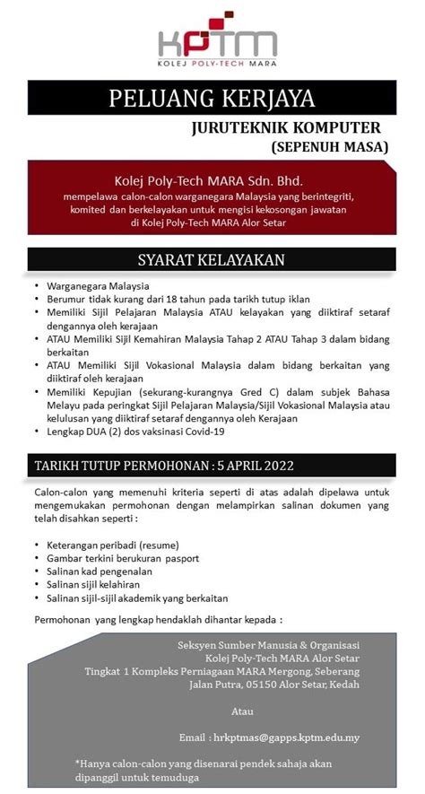 Iklan Jawatan Kolej Poly Tech Mara KPTM Portal Kerja Kosong Graduan