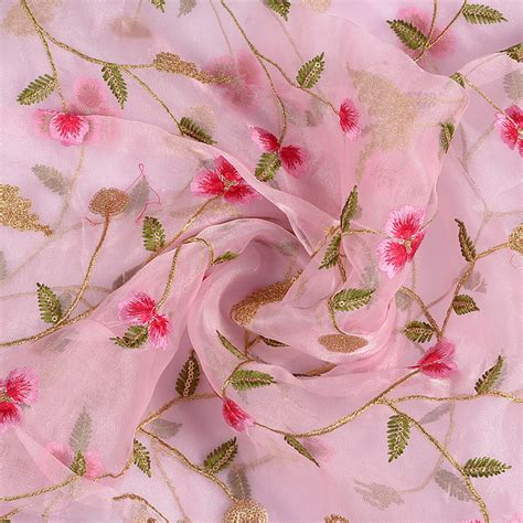 Buy Pink Organza Fabric With Green And Golden Floral Embroidery